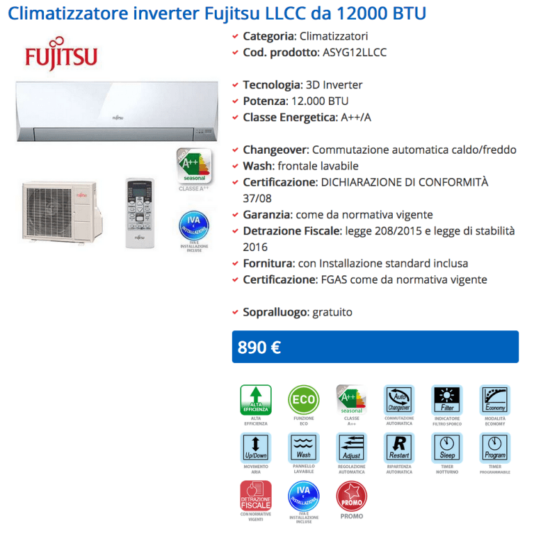 Climatizzatore Fujitsu 12000 BTU LMCA Inverter Climatizzatore Fujitsu 12000 BTU LMCA Inverter