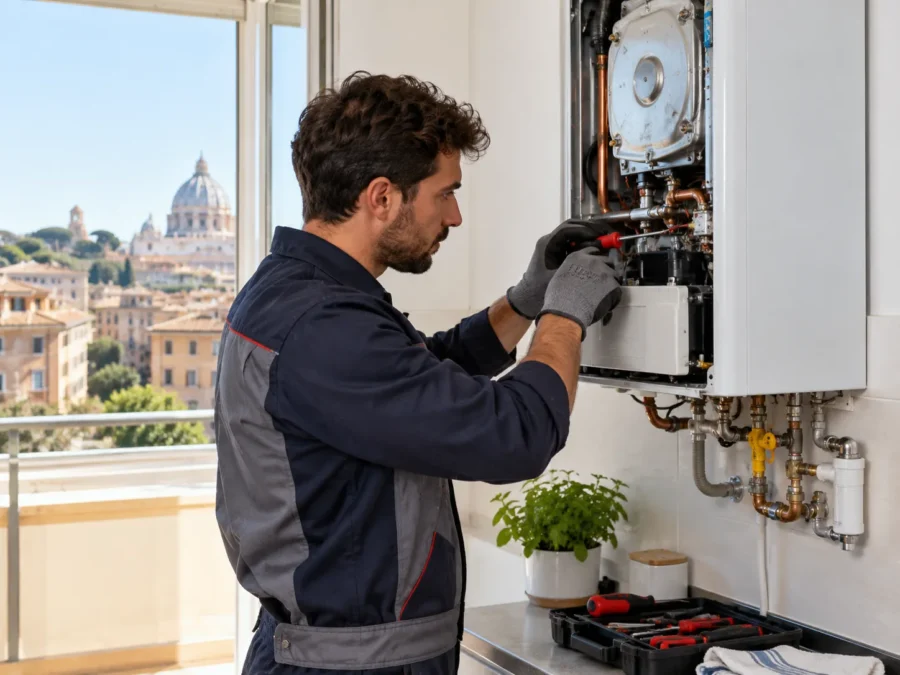 Boiler repair technician working on a gas boiler in Rome, Italy